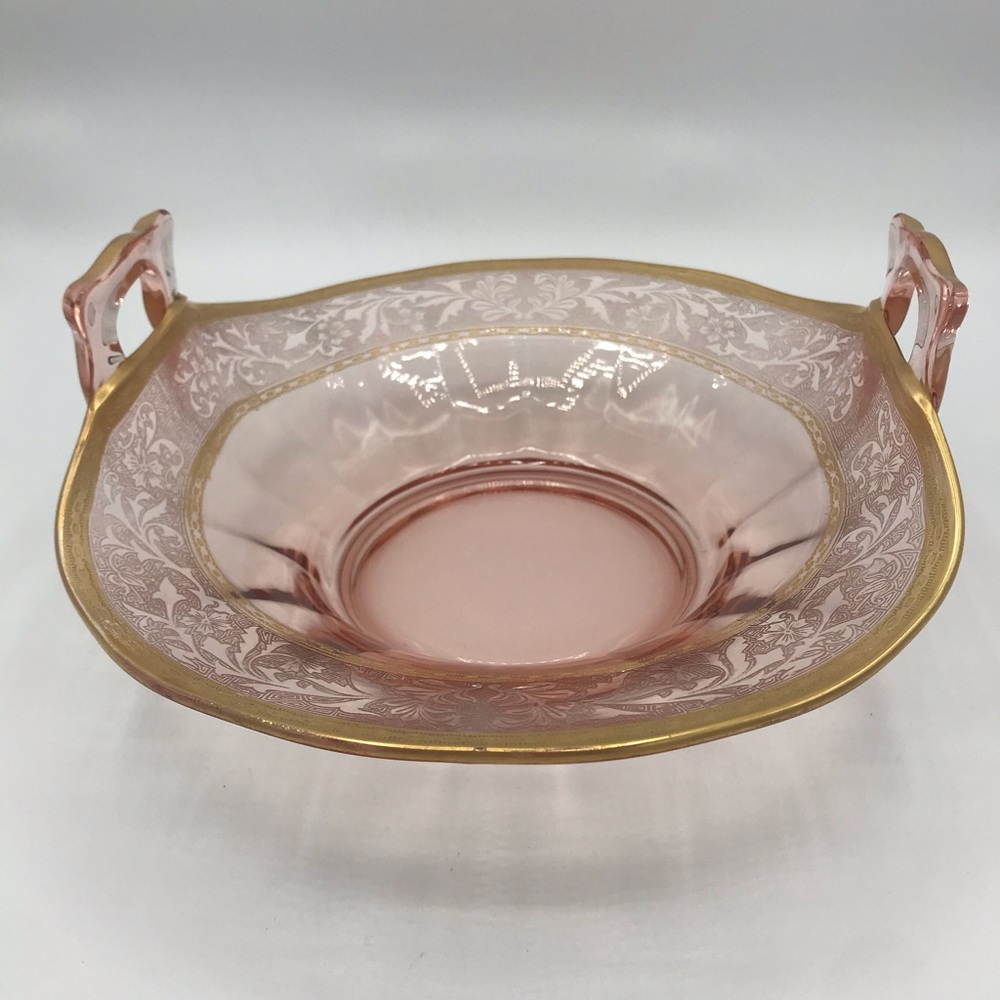 Vtg etched gold depression glass handled compote